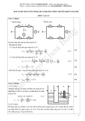 Đáp án đề thi tuyển sinh lớp 10 trường THPT chuyên KHTN môn Vật lí năm 2007